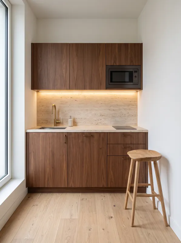 Kitchenette, Noyer et travertin