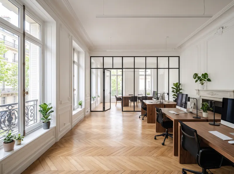 Plateau de bureaux rénové dans un immeuble haussmannien, parquet chêne et verrière