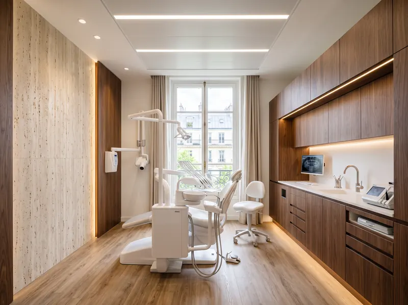 Salle de soins dentaire rénovée, meubles en noyer et mur en travertin