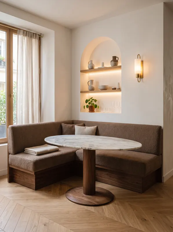 Coin banquette, Table en marbre, niche éclairée
