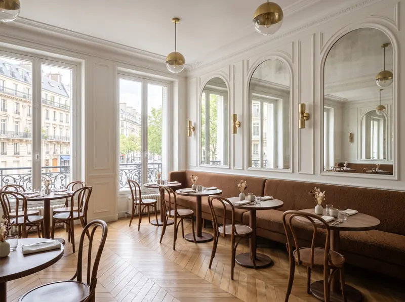 Salle de restaurant rénovée, banquettes, miroirs en arche et parquet chêne